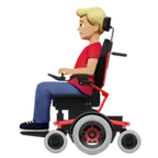 man in motorized wheelchair: medium-light skin tone untuk platform Apple