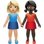 women holding hands: medium-light skin tone, dark skin tone für Apple Plattform