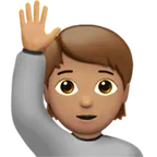 person raising hand: medium skin tone untuk platform Apple