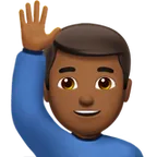 man raising hand: medium-dark skin tone untuk platform Apple