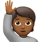 person raising hand: medium-dark skin tone untuk platform Apple