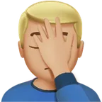 man facepalming: medium-light skin tone untuk platform Apple