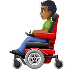 man in motorized wheelchair: medium-dark skin tone สำหรับแพลตฟอร์ม Facebook