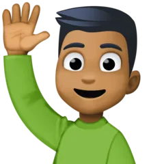 man raising hand: medium-dark skin tone untuk platform Facebook
