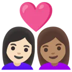 couple with heart: woman, woman, light skin tone, medium skin tone voor Google platform