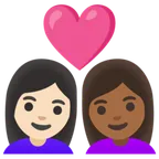 Google 플랫폼을 위한 couple with heart: woman, woman, light skin tone, medium-dark skin tone