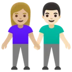 woman and man holding hands: medium-light skin tone, light skin tone for Google platform
