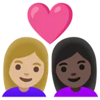 couple with heart: woman, woman, medium-light skin tone, dark skin tone สำหรับแพลตฟอร์ม Google