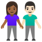 woman and man holding hands: medium-dark skin tone, light skin tone for Google platform