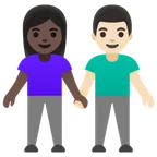 woman and man holding hands: dark skin tone, light skin tone for Google platform
