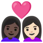 couple with heart: woman, woman, dark skin tone, light skin tone for Google platform