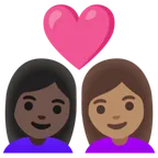 couple with heart: woman, woman, dark skin tone, medium skin tone para a plataforma Google