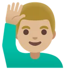 man raising hand: medium-light skin tone สำหรับแพลตฟอร์ม Google
