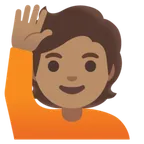 person raising hand: medium skin tone untuk platform Google