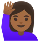 Google cho nền tảng woman raising hand: medium-dark skin tone