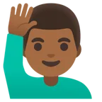 man raising hand: medium-dark skin tone untuk platform Google
