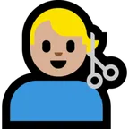 man getting haircut: medium-light skin tone untuk platform Microsoft