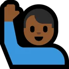 man raising hand: medium-dark skin tone untuk platform Microsoft