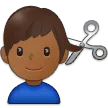man getting haircut: medium-dark skin tone untuk platform Samsung