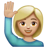 woman raising hand: medium-light skin tone per la piattaforma Whatsapp