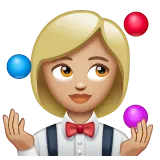 woman juggling: medium-light skin tone for Whatsapp platform