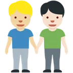 men holding hands: medium-light skin tone, light skin tone para a plataforma X / Twitter