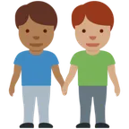 men holding hands: medium-dark skin tone, medium skin tone per la piattaforma X / Twitter
