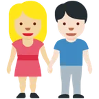 woman and man holding hands: medium-light skin tone, light skin tone for X / Twitter platform