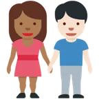 woman and man holding hands: medium-dark skin tone, light skin tone for X / Twitter platform