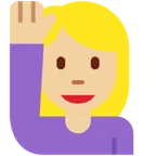 woman raising hand: medium-light skin tone per la piattaforma X / Twitter